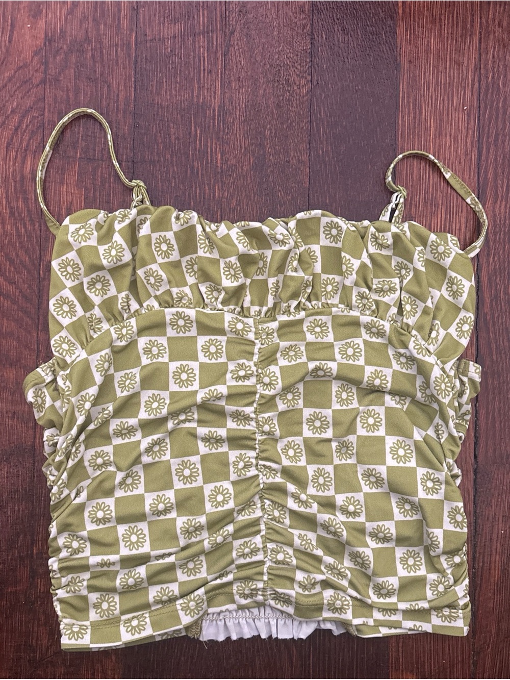 Bright Green Daisy Check Ruched Cami Top